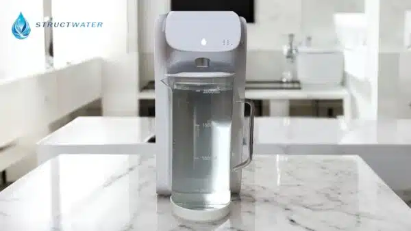 Fontaine osmose inverse Mini Water de StructWater avec sa carafe remplie, placée sur un comptoir en marbre.