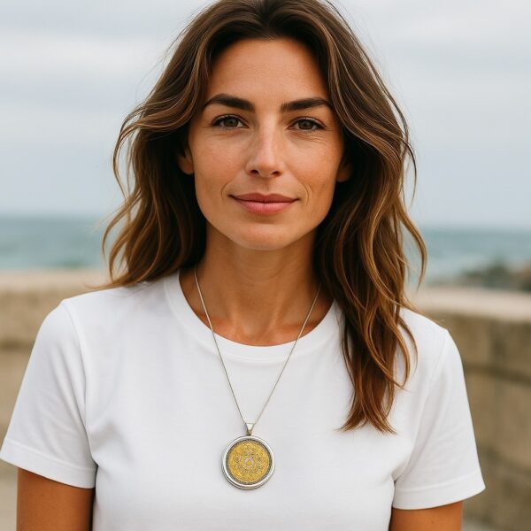 Femme portant le pendentif Precious Life – bijou énergétique