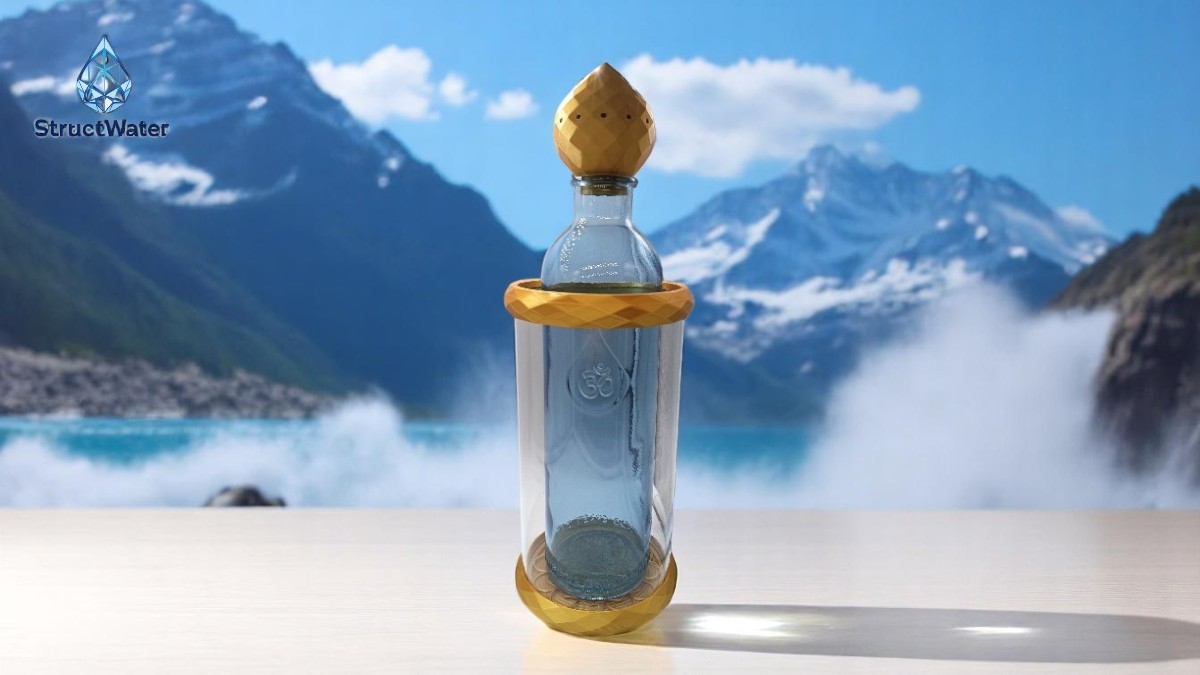 Dynamiseur d’eau StructWater Precious accompagné de la bouteille OmWater 1,23 L et du bouchon Zome 13, posé sur une table en bois, avec lumière naturelle mettant en valeur sa géométrie sacrée.