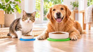 Un chat et un chien devant leurs gamelles posées sur des supports STRUCTPET colorés, conçus pour l’eau et l’alimentation des animaux.