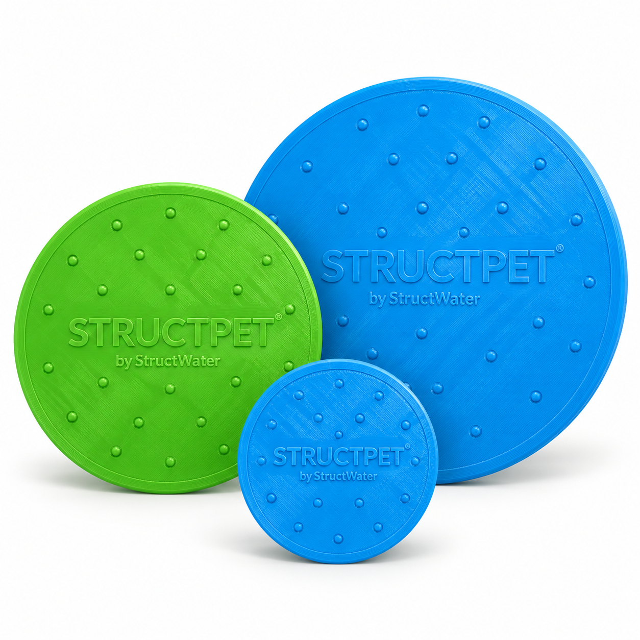 Trois disques STRUCTPET® by StructWater en différentes tailles, bleu et vert